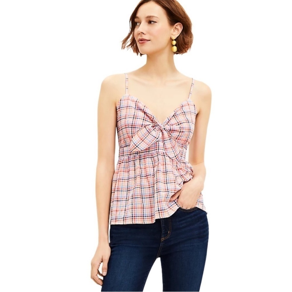 Loft Gingham Plaid Tie Front Camisole Blouse XS Smocked